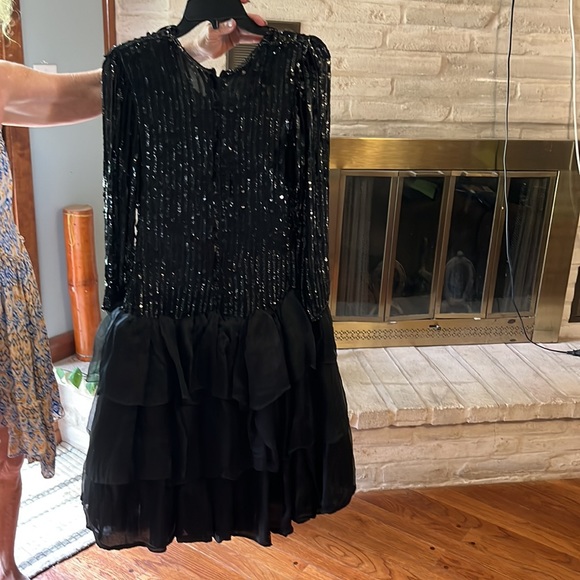 Black sparkly long sleeved ruffled dress - Picture 2 of 3